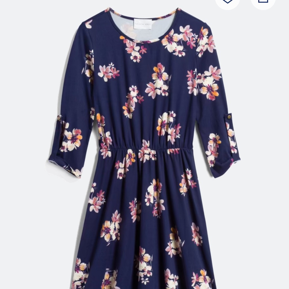 French Grey Floral Midi Dress - Navy and Pink